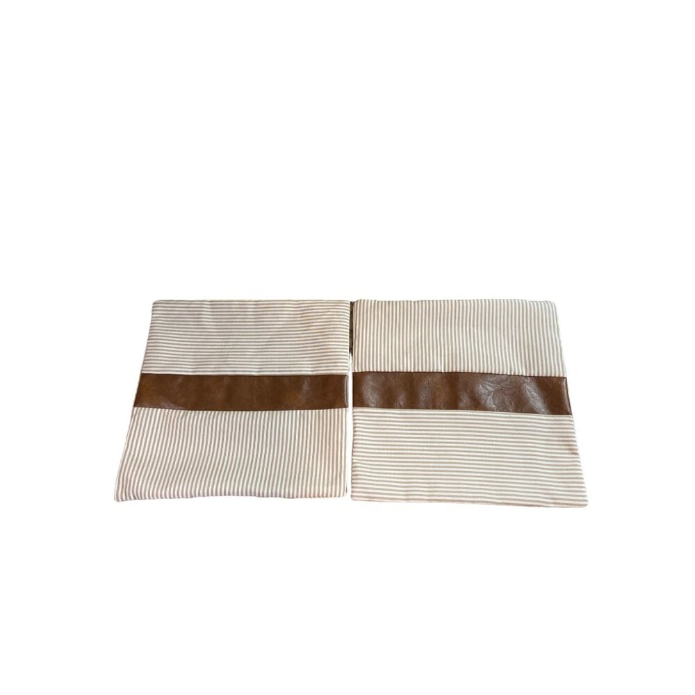 Pilllow Covers Striped Beige & Brown Faux Leather Accent 17x17 Set Of 2
